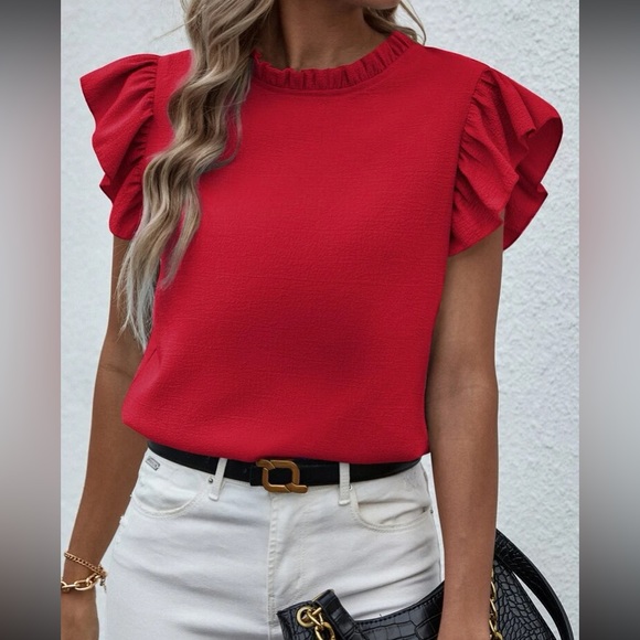 Tops - Red butterfly sleeve ruffle blouse